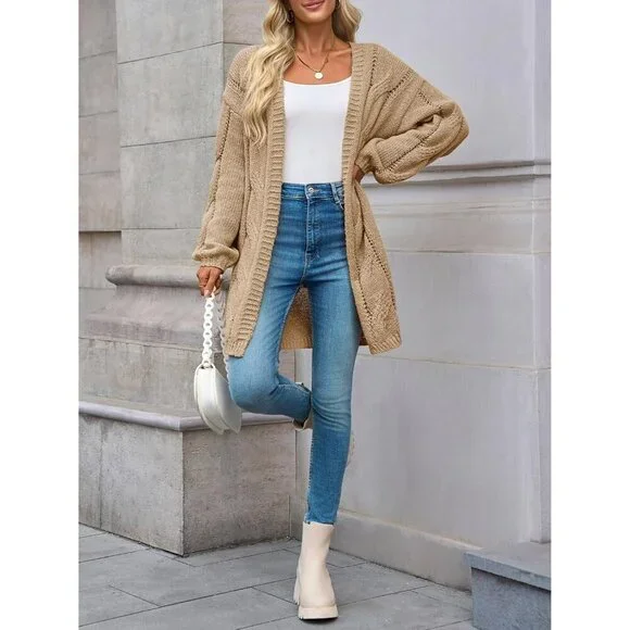 Womens Cable Knit Long Cardigan Loose Fit Fall Sweater Open Front Casual - Picture 4 of 5